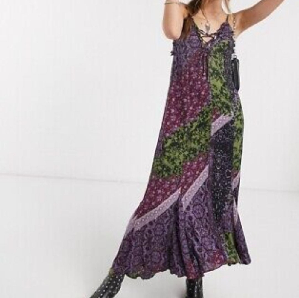 Free People Work of Art dress high/low  beautiful purple black and green print.
